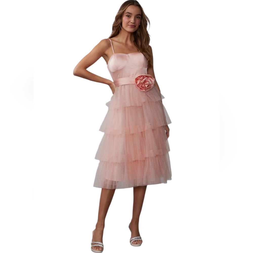 Ny & Co. Pink Glitter Tulle Retro Inspired Strap Corset w/Rose Midi Party Dress